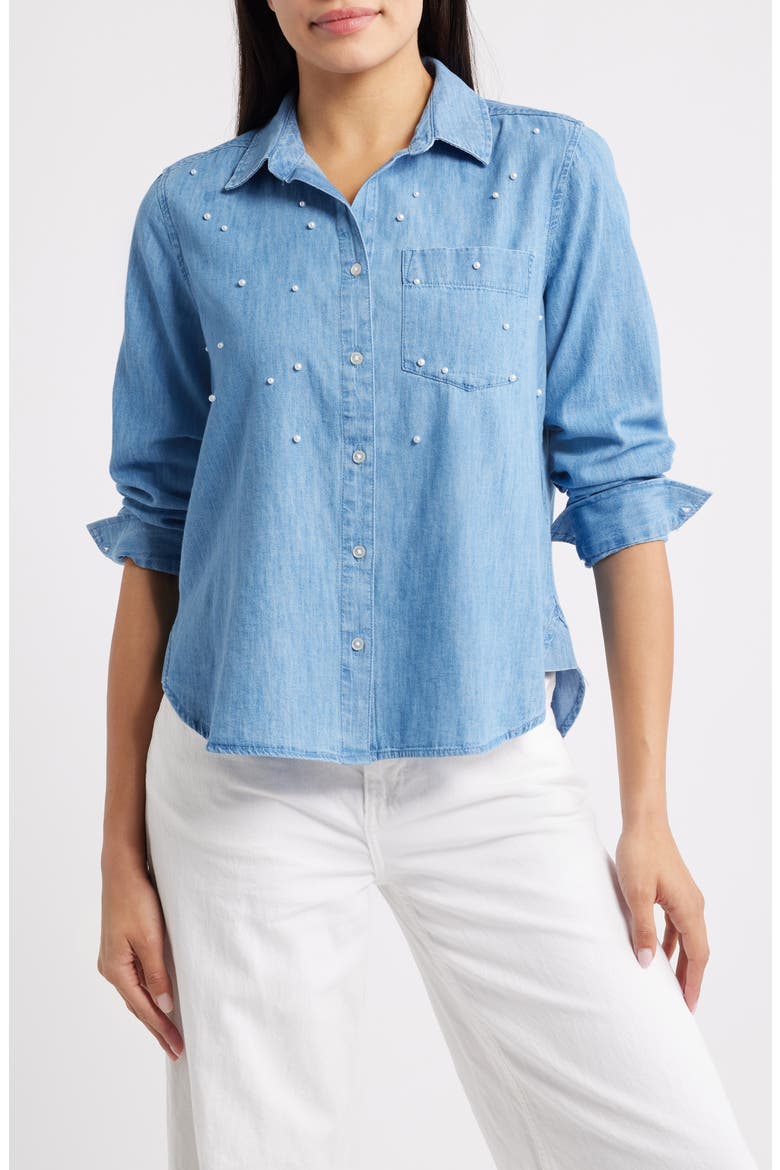 Kenna Pearly Bead Chambray Shirt, Main, color, MEDIUM WASH
