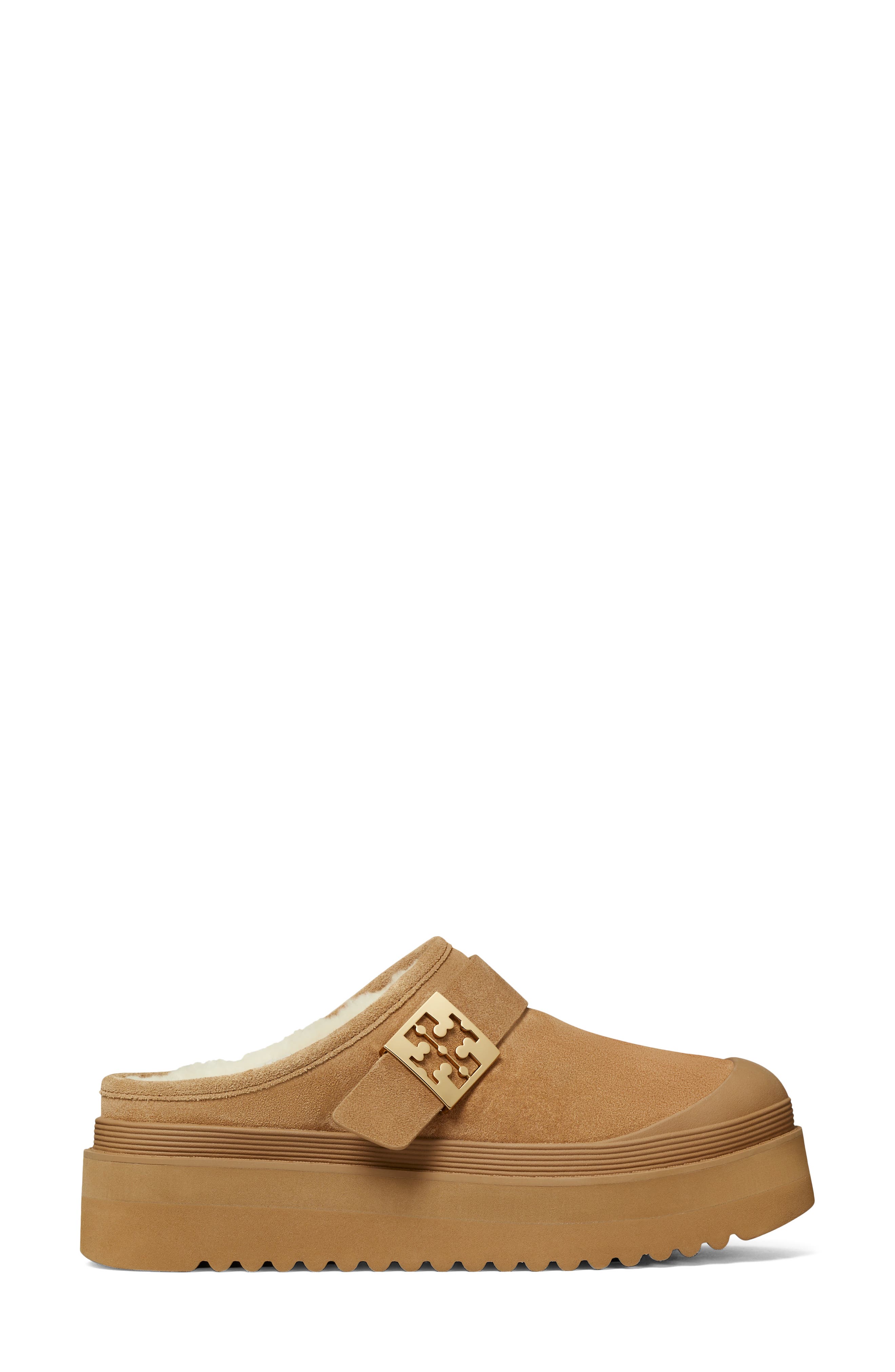 Tory Burch Genuine Shearling Platform Mule, Alternate, color, Light Chestnut / Gold