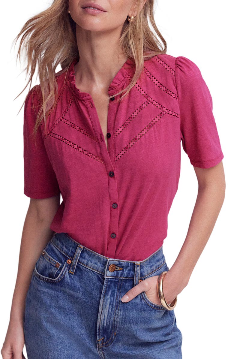 Boden Lace Trim Short Sleeve Cotton Button-Up Shirt, Main, color, Red Violet