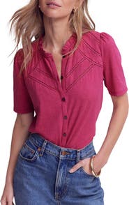 Boden Lace Trim Short Sleeve Cotton Button-Up Shirt