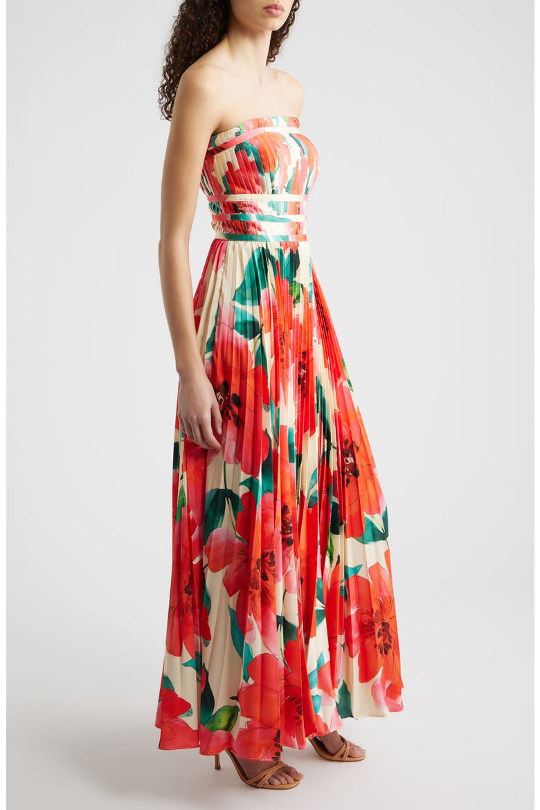 Sabina Floral Tiered Plissé Gown, Alternate, color, IVORY/ CORAL WATERCOLOR