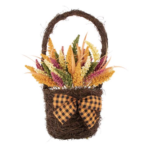 Autumn Harvest Hanging Basket with Artificial Foliage and Checkered Bow - 22"