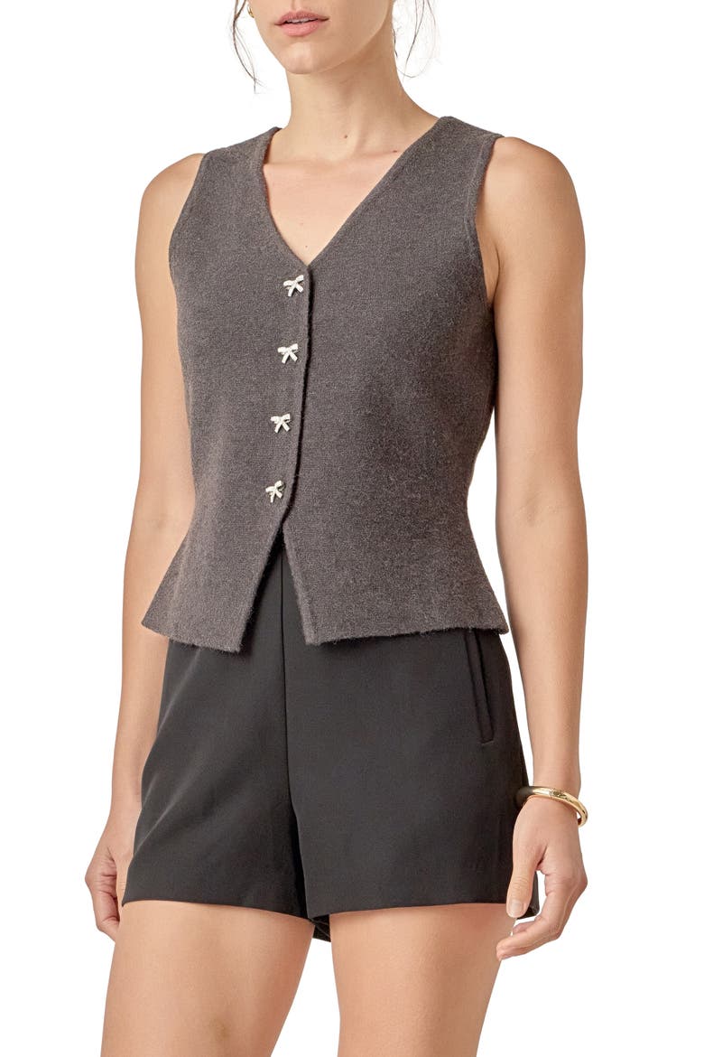 Rhinestone Bow V-Neck Knit Vest, Alternate, color, CHARCOAL
