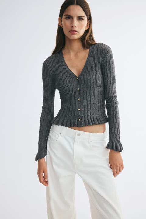 Ruffle-Trimmed V-Neck Cardigan