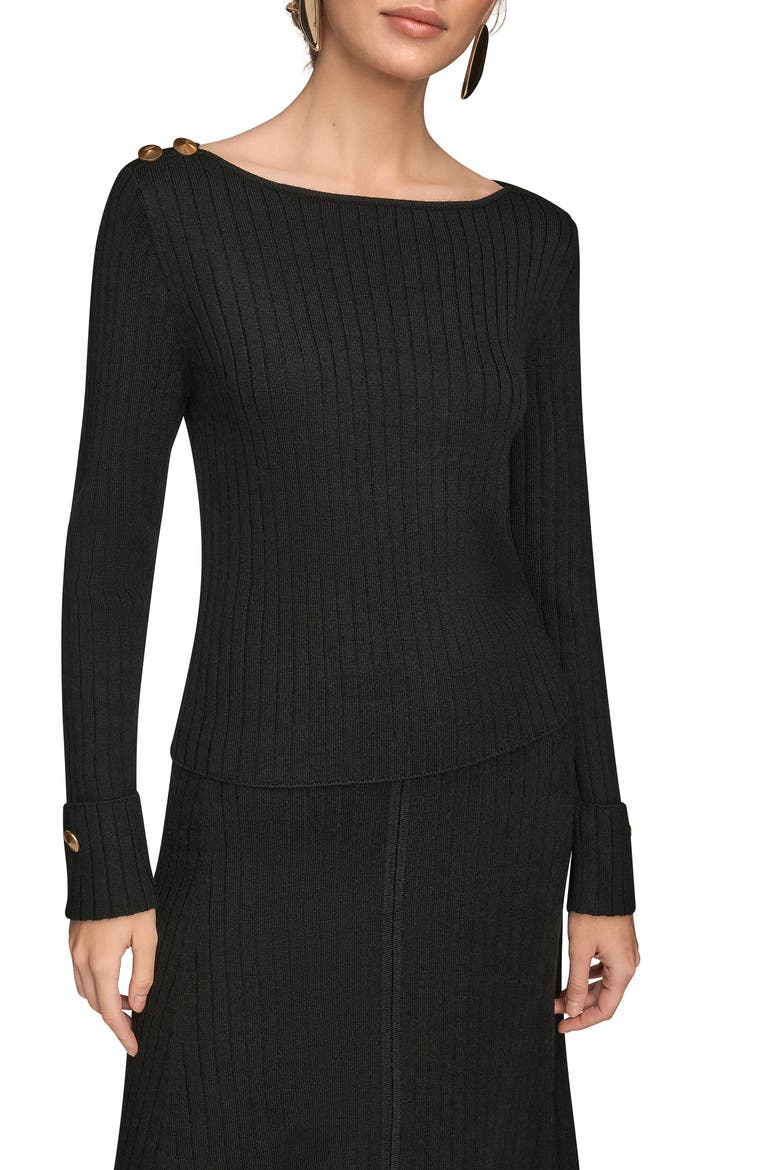 Button Shoulder Boat Neck Rib Sweater, Main, color, BLACK