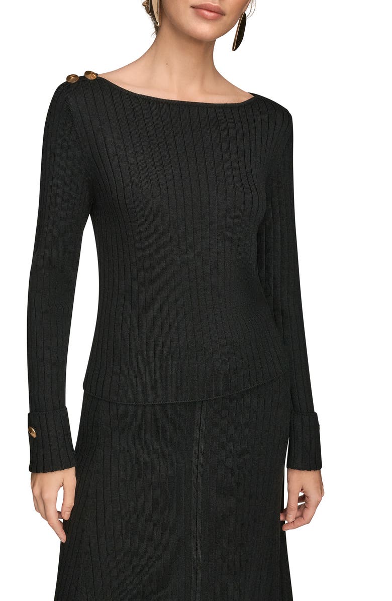 Donna Karan New York Button Shoulder Boat Neck Rib Sweater, Main, color, Black
