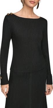 Donna Karan New York Button Shoulder Boat Neck Rib Sweater