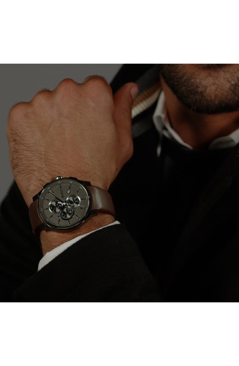 BOSS Peak 2.0 Chronograph Leather Strap Watch, 45mm, Alternate, color, Brown/ Gray