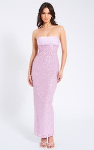 Miss Circle Lainey Satin Strapless Party Sequin Pearl Beaded Maxi Dress