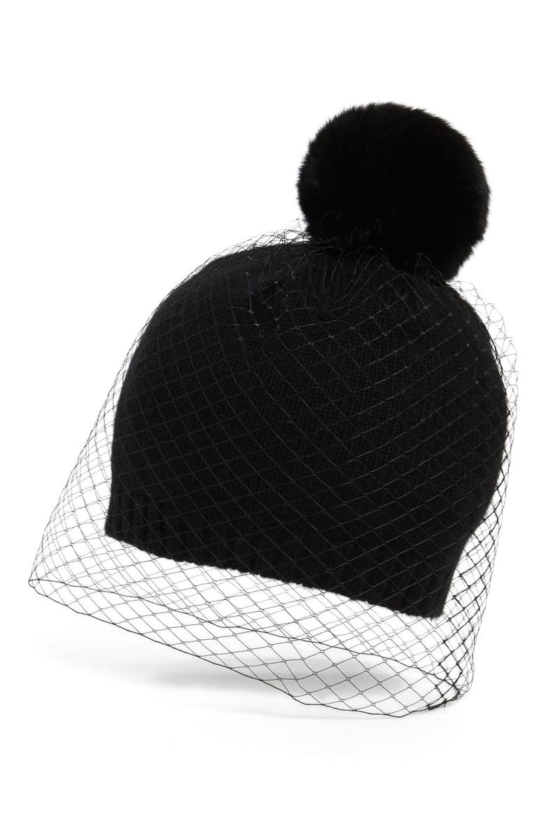 BCBGMAXAZRIA 'Winter Veil' Beanie with Genuine Fur Pompom, Main, color, BLACK