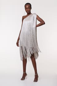 mini dress petite Karen Millen Petite Figure Form Bandage One Shoulder Fringe Mini Knit Dress in Silver