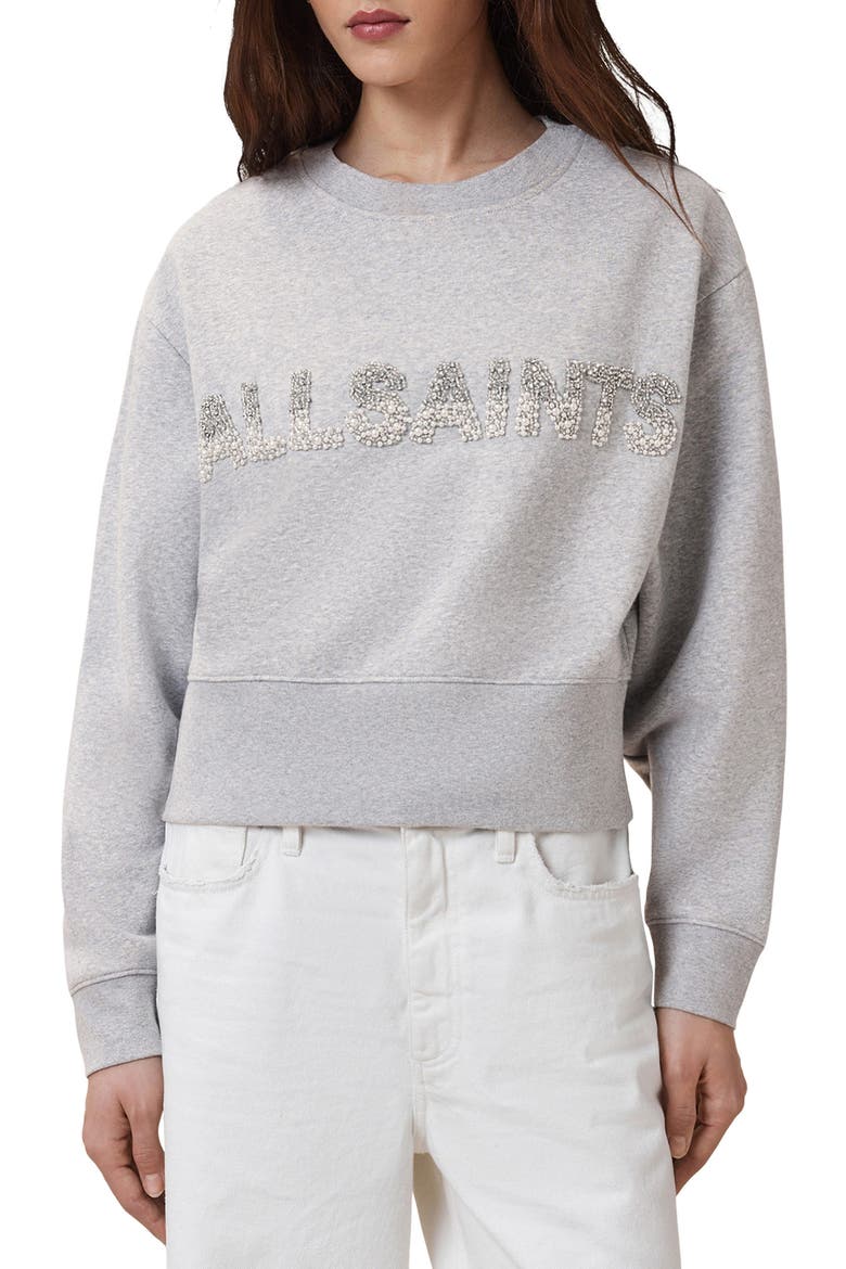 Separo Imitation Pearl & Crystal Embellished Sweatshirt, Main, color, GREY MARL