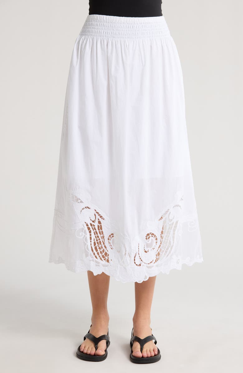 rag & bone Clem Broderie Anglaise Trim Cotton Midi Skirt, Alternate, color, White