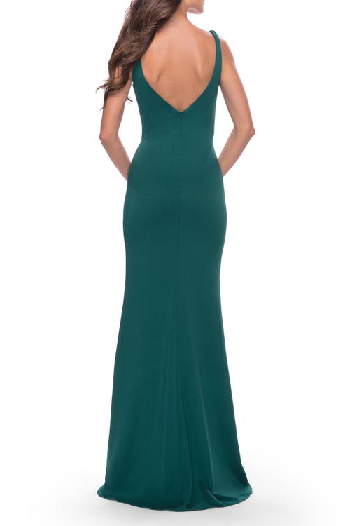 La Femme Simple Chic Long Jersey Gown With Square Neckline In Emerald