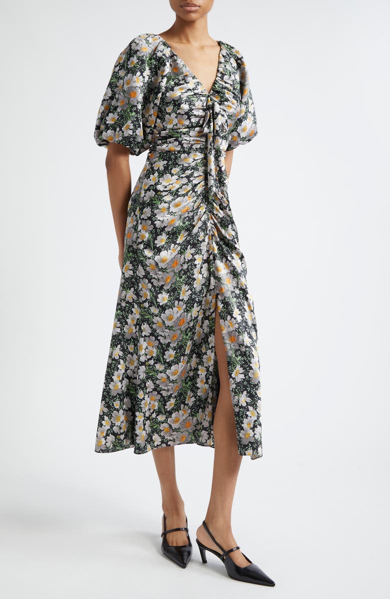 Cinq à Sept Brenton Cosmo Flower Puff Sleeve Ruched Midi Dress, Main, color, Black/ London Fog
