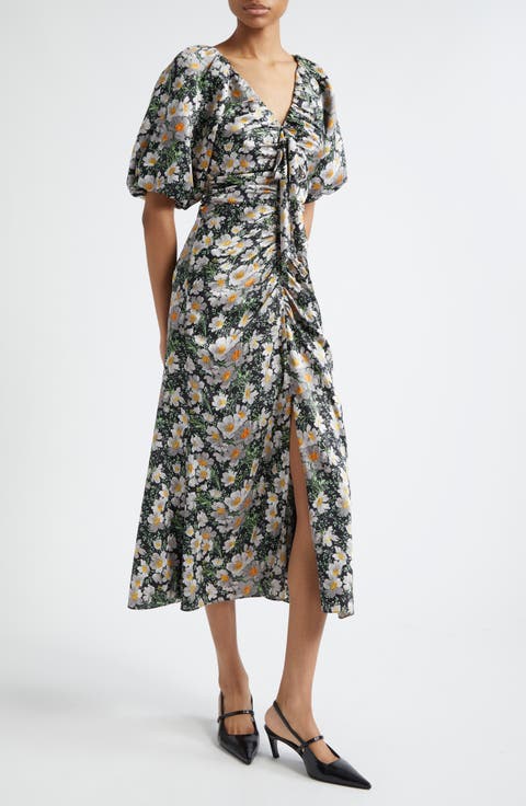 Brenton Cosmo Flower Puff Sleeve Ruched Midi Dress
