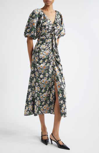 Cinq à Sept Brenton Cosmo Flower Puff Sleeve Ruched Midi Dress
