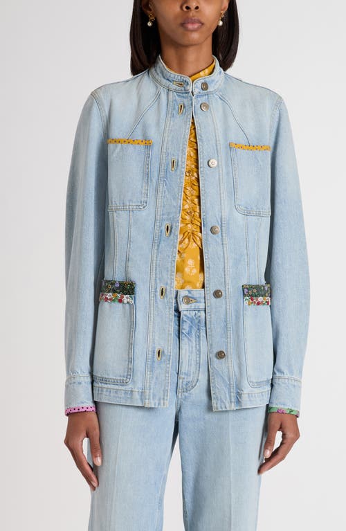 Valentino Embellished Printed Chiffon-trimmed Denim Jacket In Blue