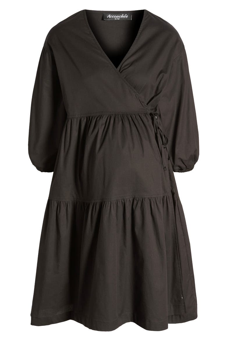 Waterfall Tie Waist A-Line Maternity/Nursing Wrap Dress, Alternate, color, BLACK