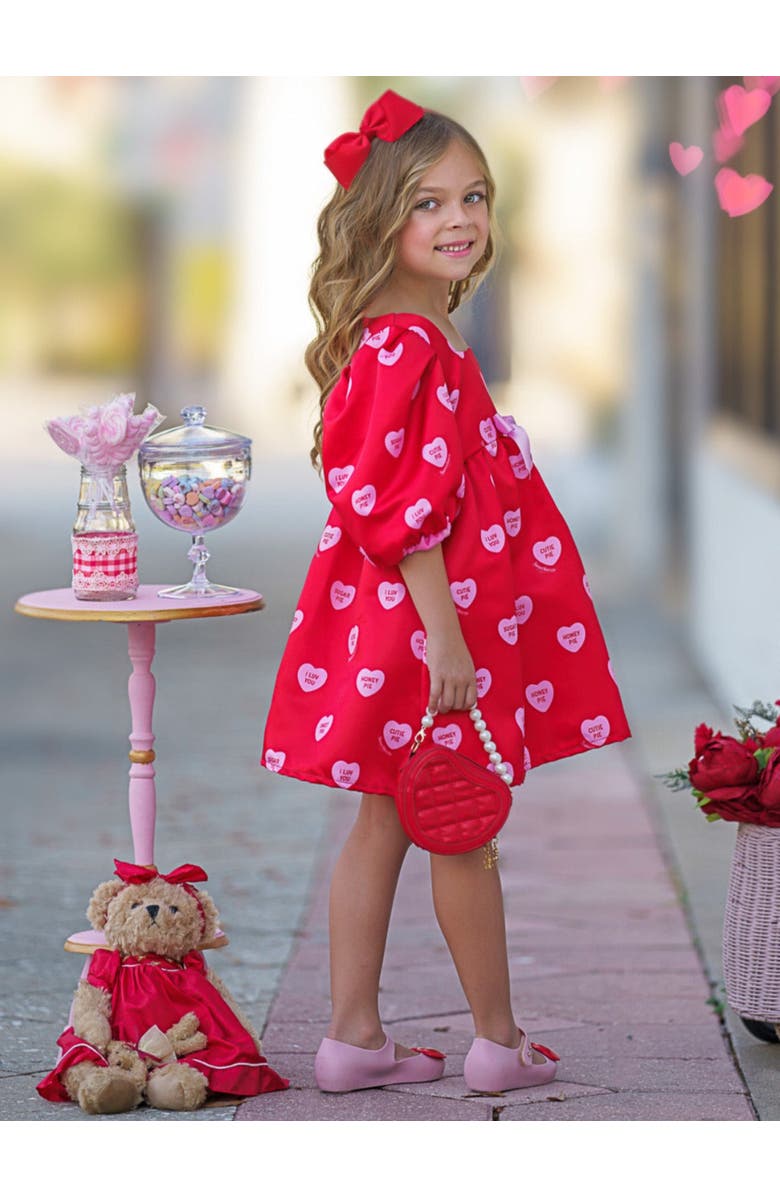 Mia Belle Girls Sweethearts Puff Sleeve Valentine's Day Dress, Alternate, color, Red