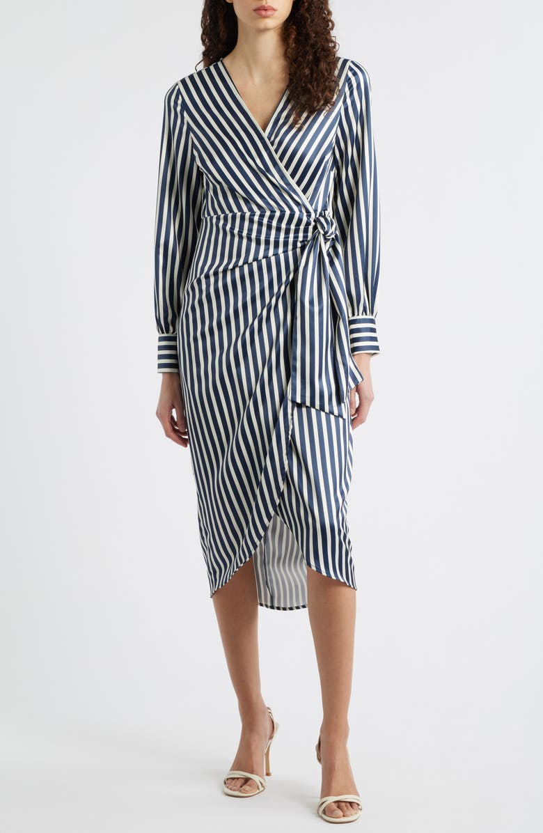 Sam Edelman Long Sleeve Stripe Wrap Dress, Main, color, Navy