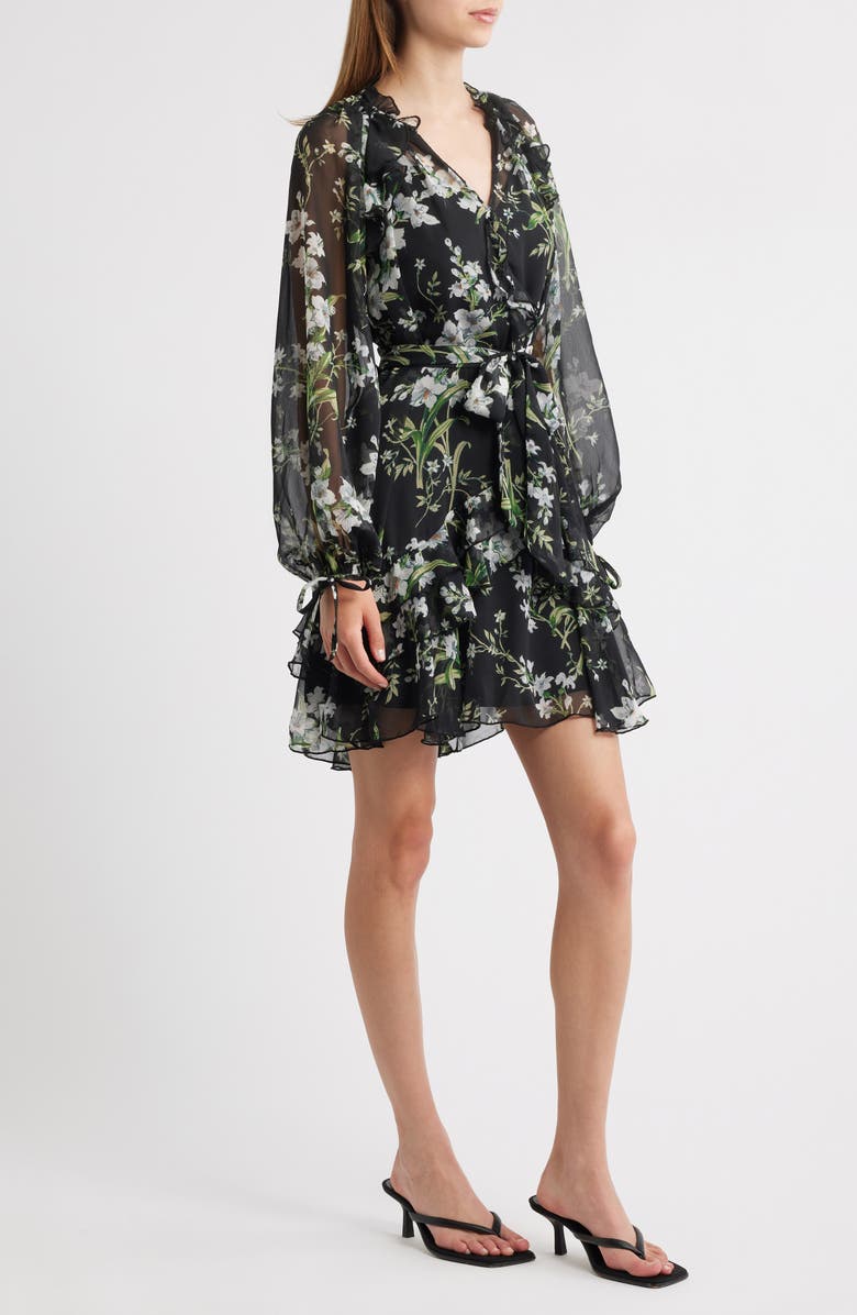 Lipsy Floral Print Long Sleeve Chiffon Dress, Alternate, color, Black