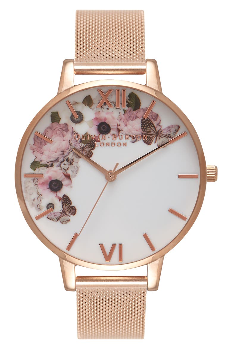 Signature Florals Mesh Bracelet Watch, 38mm, Main, color, ROSE GOLD/ ROSE GOLD/ WHITE
