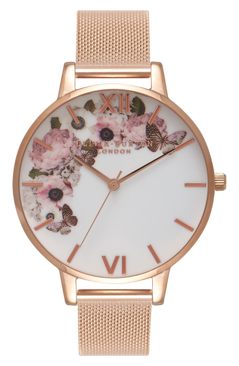 Olivia Burton Signature Florals Mesh Bracelet Watch, 38mm, Main, color, 
