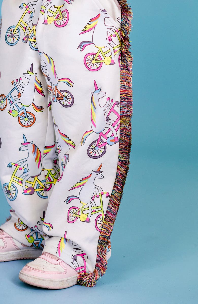 Rock Your Kid Kids' Funky Fringe Unicorn Print Cotton Track Pants, Alternate, color, Cream