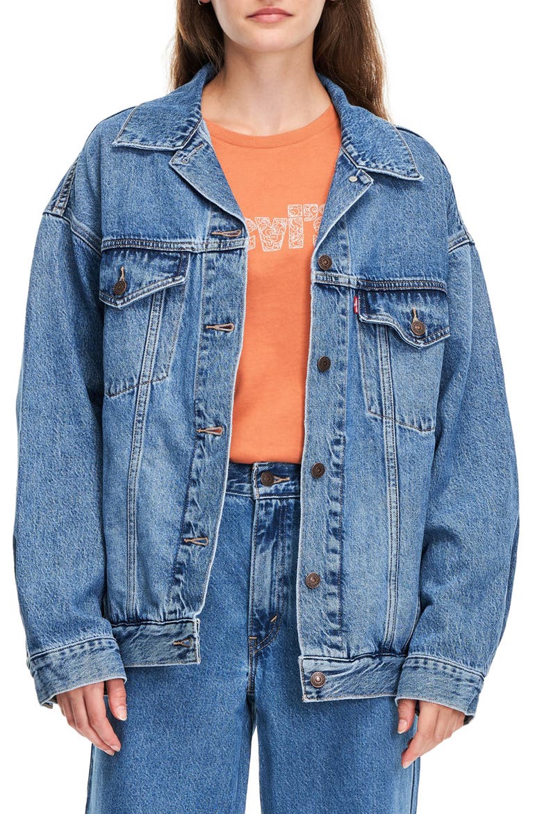 Oversize Denim Trucker Jacket, Main, color, MEDIUM INDIGO WORN IN