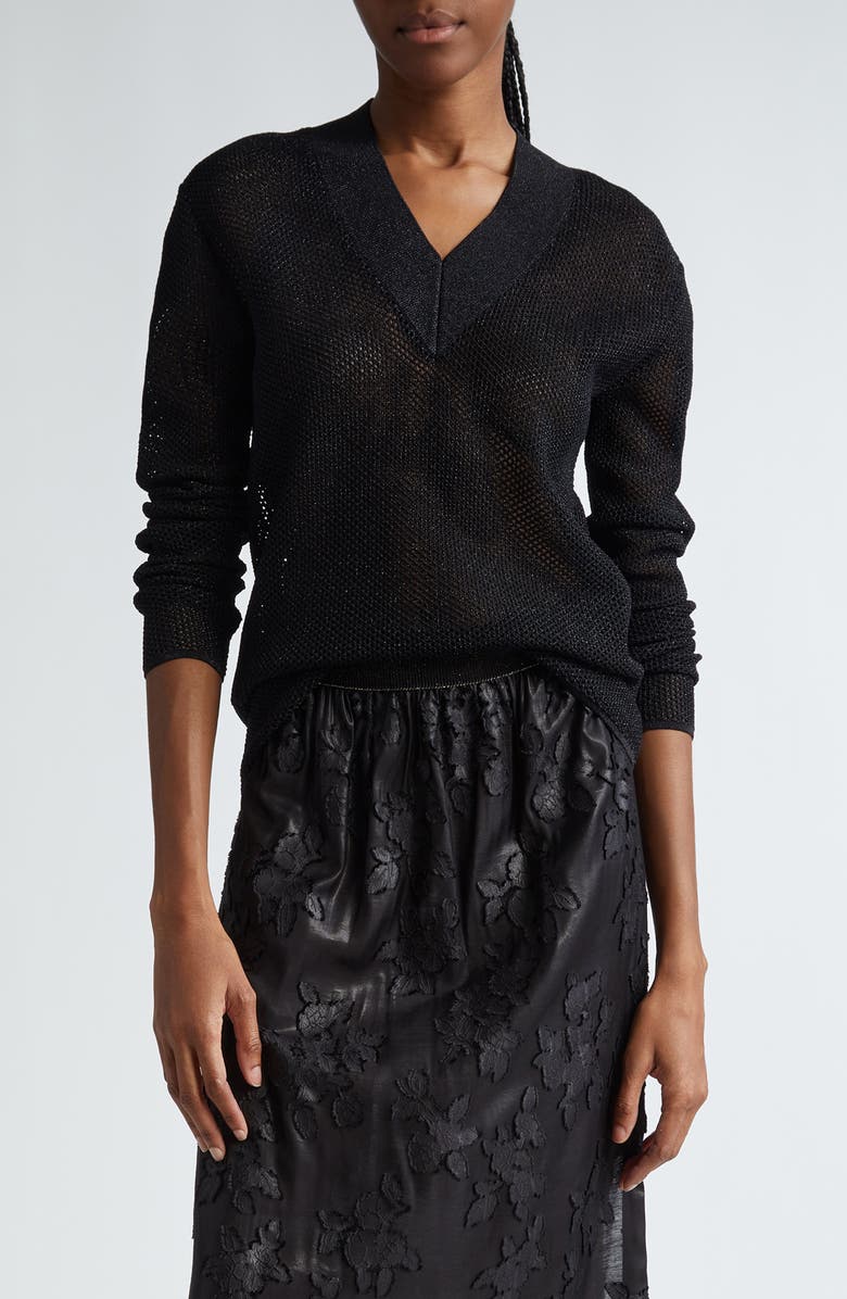 St. John Collection Sparkle Honeycomb Knit V-Neck Sweater, Main, color, 