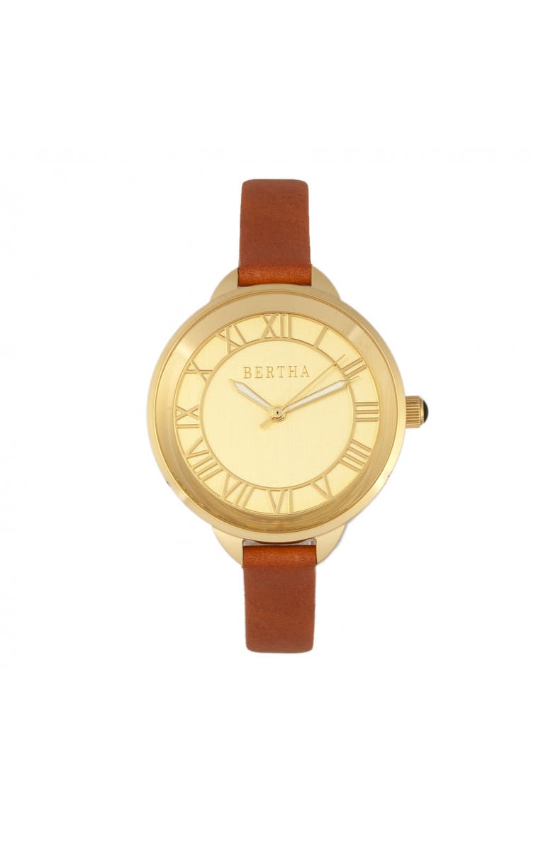 BERTHA Madison Sunray Dial Leather-Band Watch, Main, color, Camel/Gold