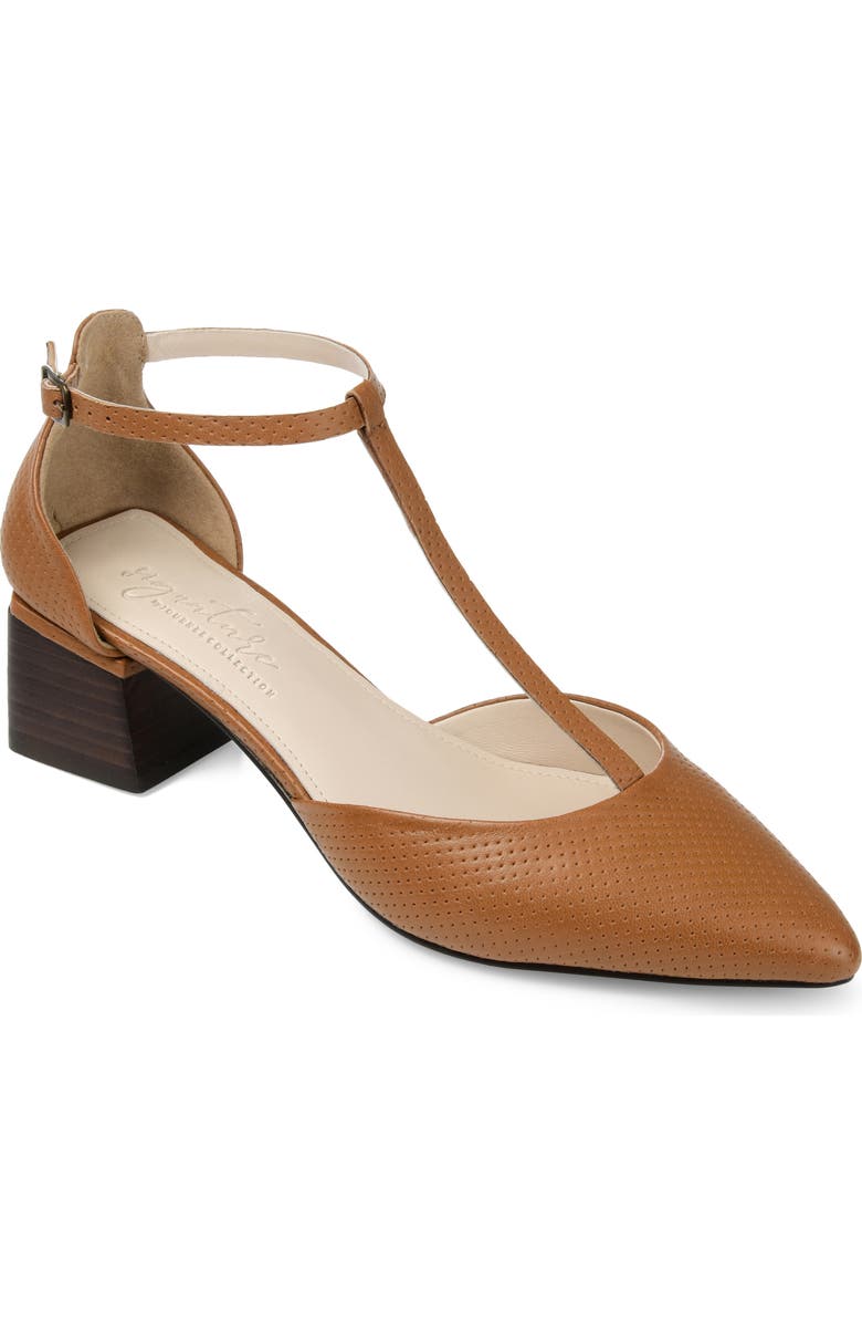 Journee Collection Cameela T-Strap Pointed Toe Pump, Main, color, Brown Leather