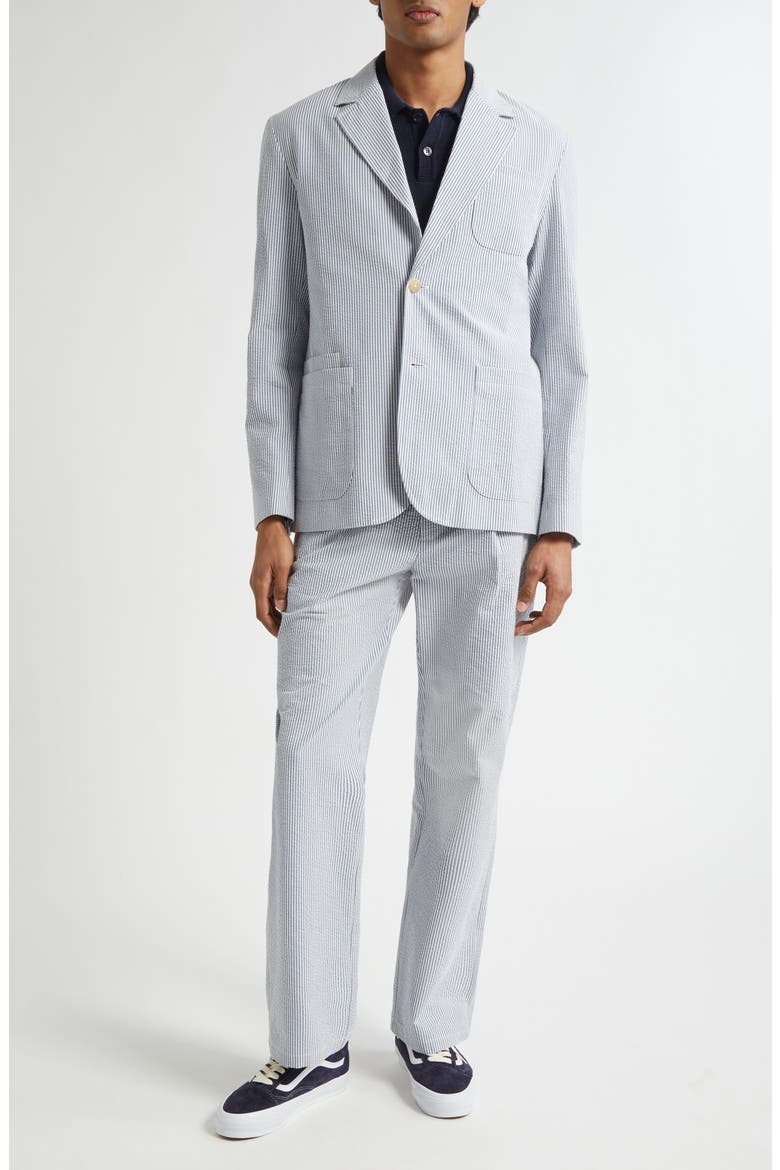 Belted Pleated Seersucker Pants, Alternate, color, BLUE/ WHITE
