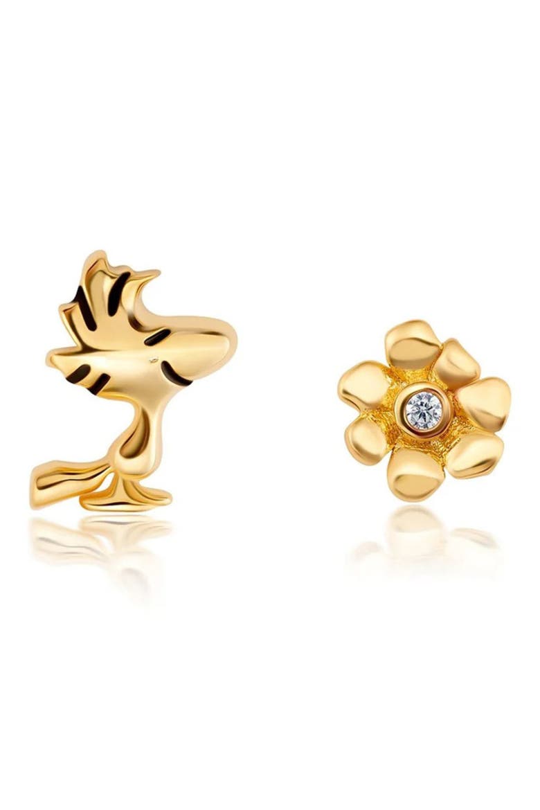 x Peanuts® Woodstock & Flower Mismatched Stud Earrings, Main, color, 18KT YELLOW GOLD / CLEAR STONE
