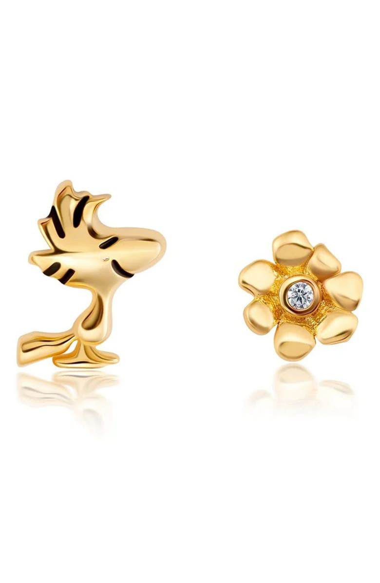 Crislu x Peanuts<sup>®</sup> Woodstock & Flower Mismatched Stud Earrings, Main, color, 18Kt Yellow Gold / Clear Stone