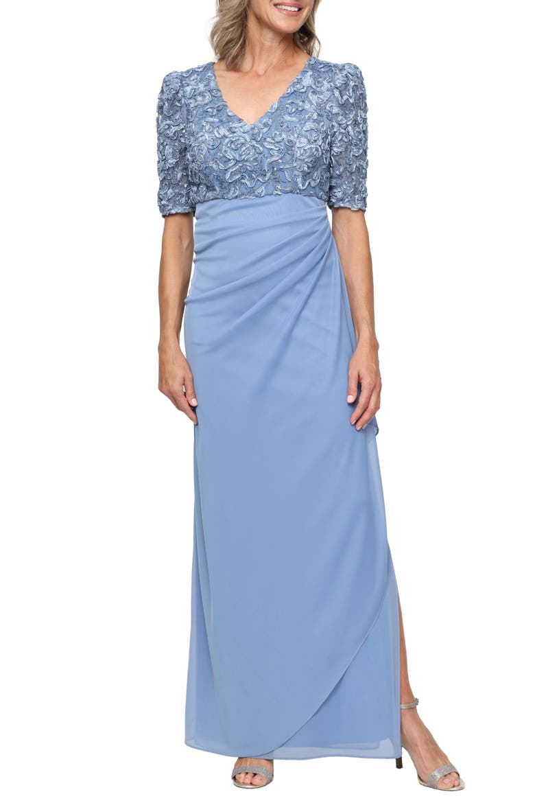 Embellished Short Sleeve Empire Waist Gown, Main, color, SKY BLUE