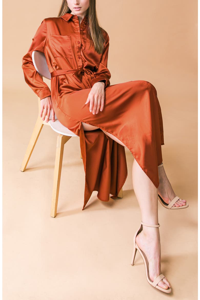 Long Sleeve Satin Midi Shirtdress, Alternate, color, RUST