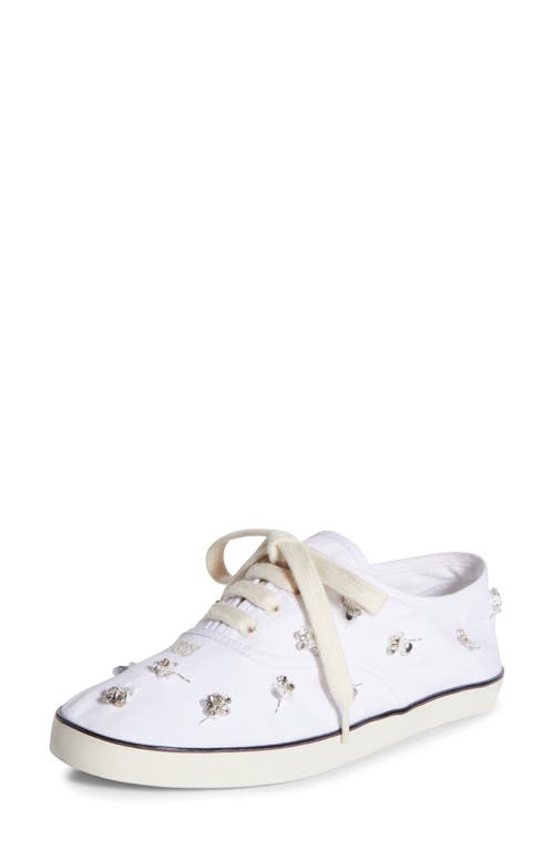 Miu Miu Crystal Embellished Low Top Canvas Sneaker In White