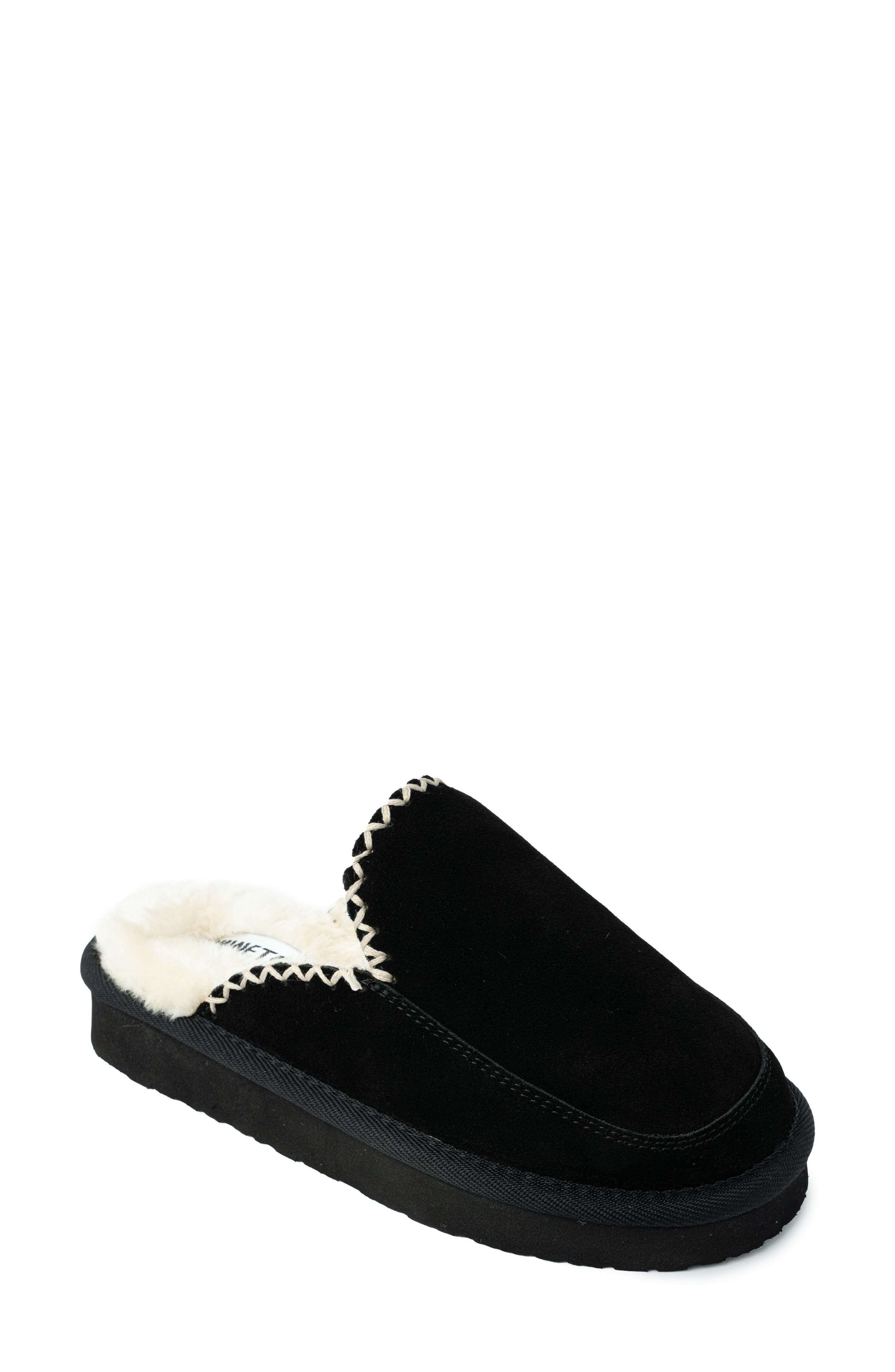 Minnetonka Café Faux Fur Scuff Slipper, Main, color, 