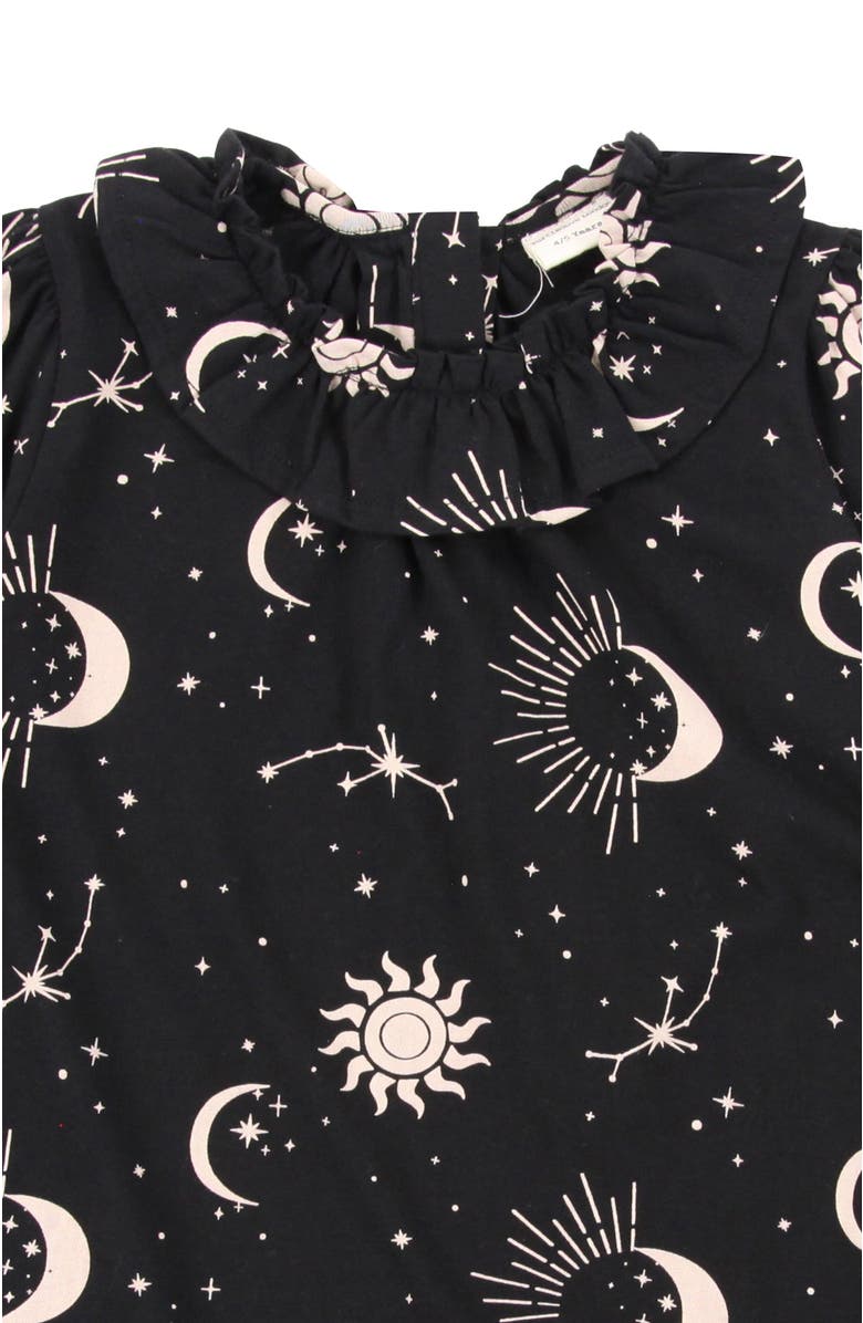 Turtledove London Kids Organic Cotton Celestial Print Ruffle Neck Dress, Alternate, color, Black