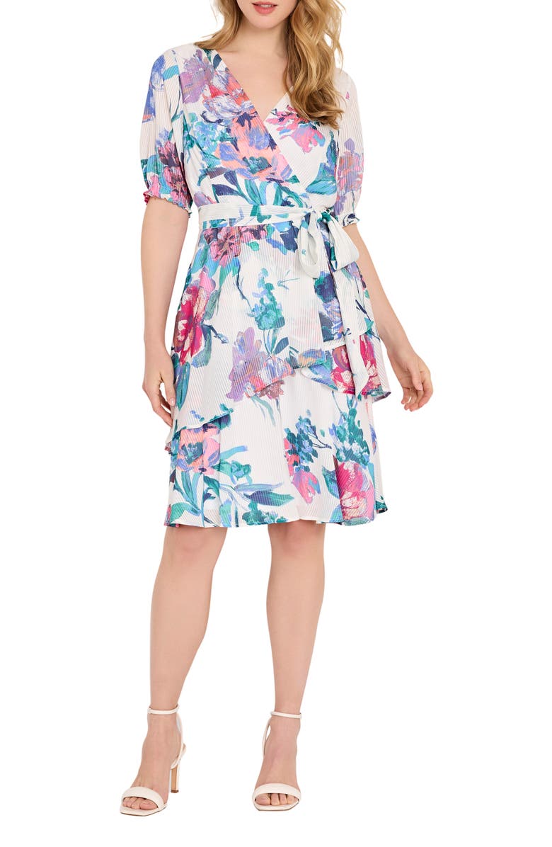 Tahari ASL Ruffle Hem Faux Wrap Dress, Main, color, Ivory Floral