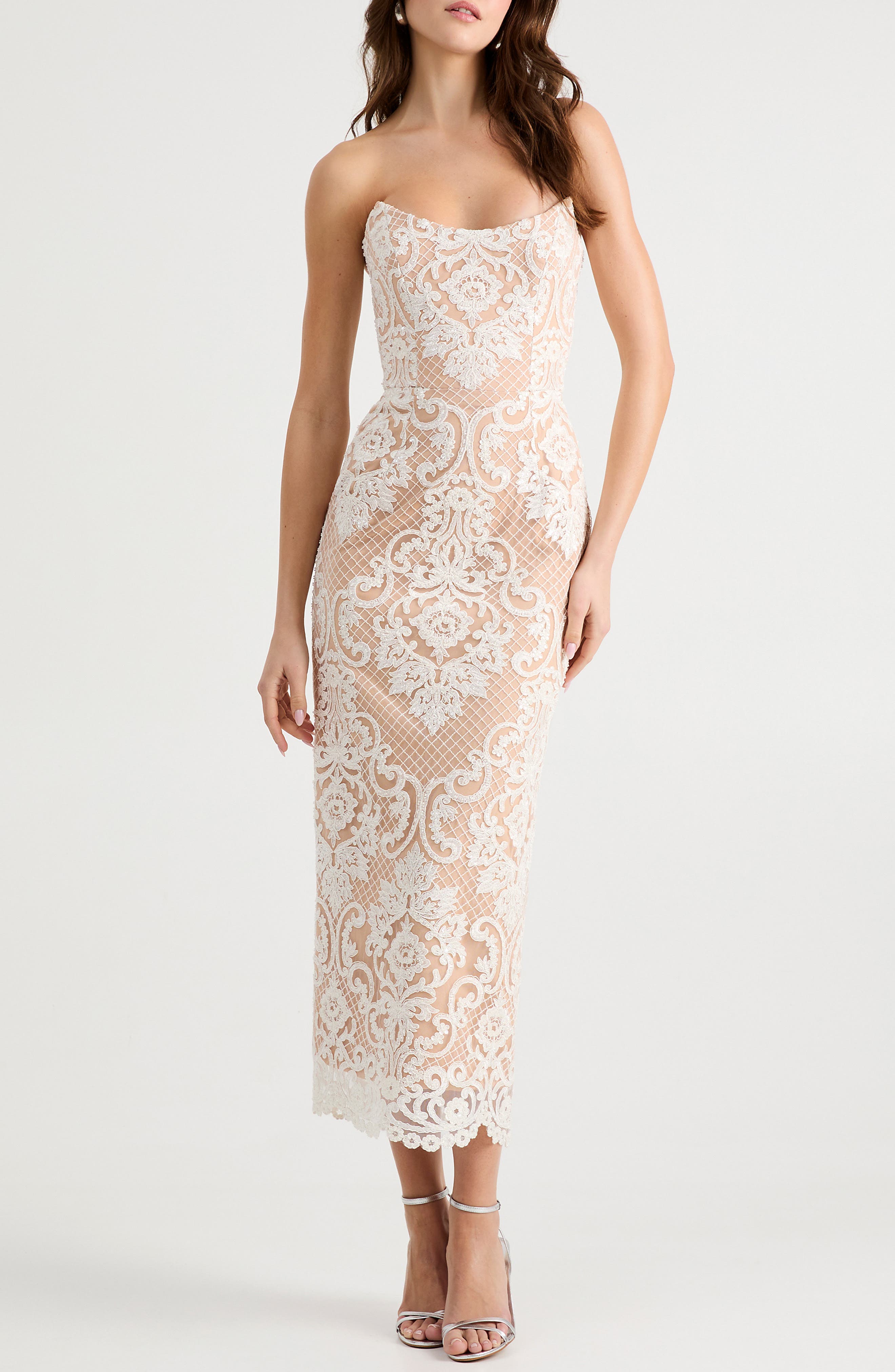 Kendall Beaded Lace & Mesh Column Dress
