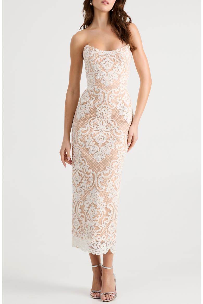 Kendall Beaded Lace & Mesh Column Dress, Main, color, OFF WHITE/ NUDE