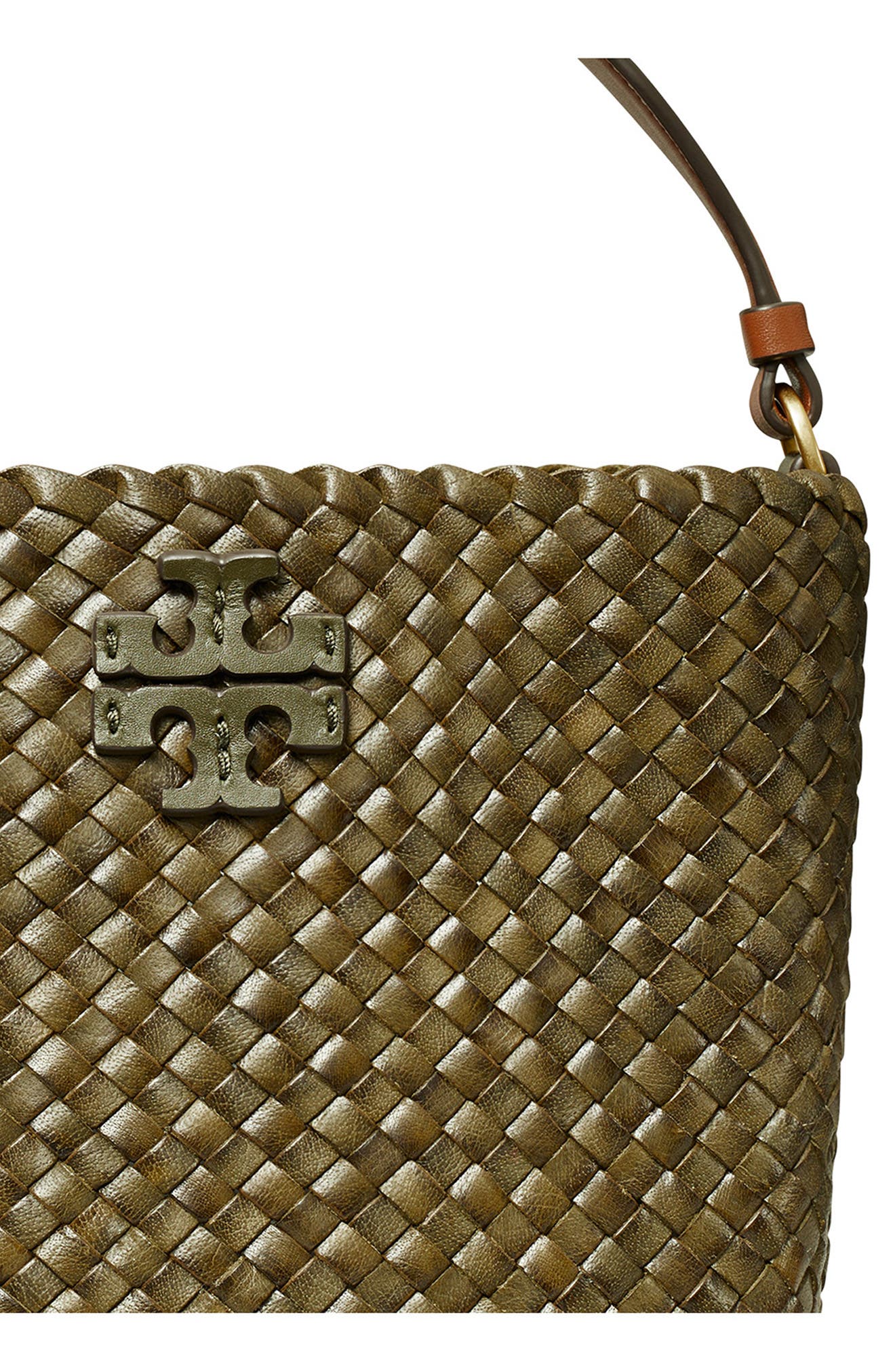 Tory Burch McGraw Dragon Woven Leather Bucket Bag, Alternate, color, 