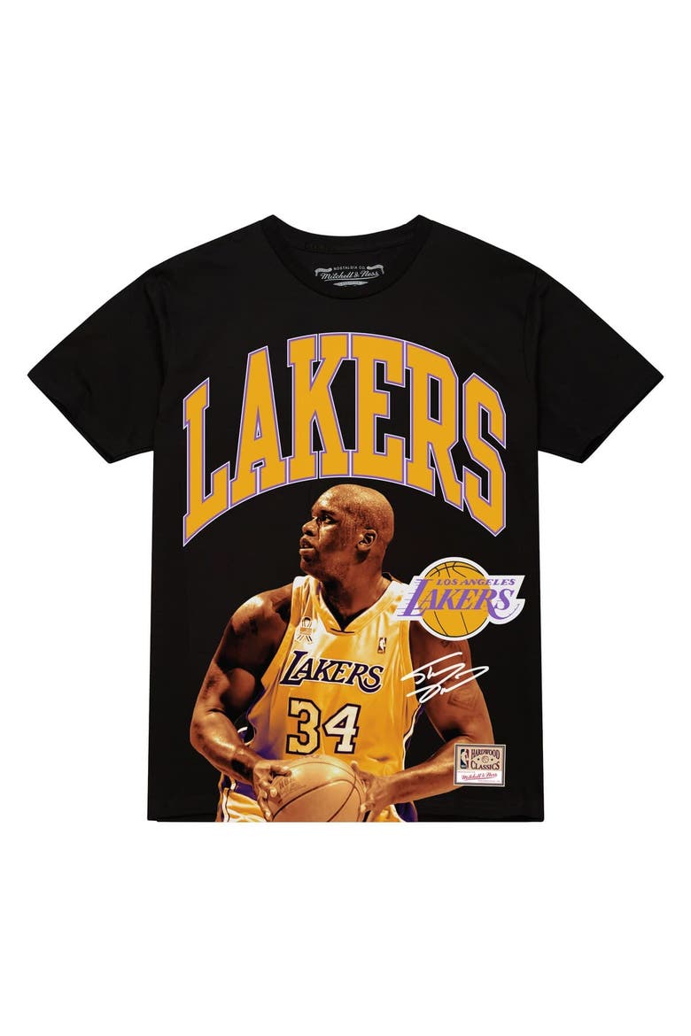 Men's Mitchell & Ness Shaquille O'Neal Black Los Angeles Lakers Hardwood Classics Player Arch T-Shirt, Alternate, color, Black