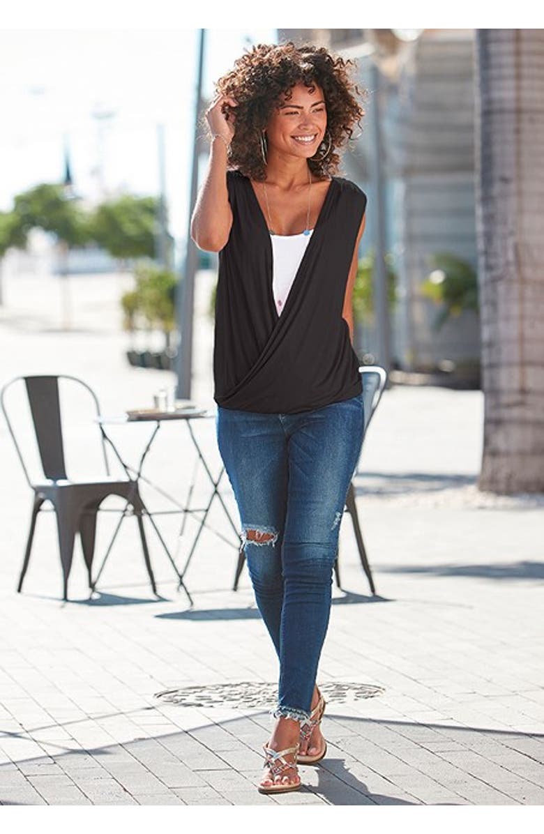 LASCANA Women's Sleeveless Wrap Look Top, Alternate, color, Black