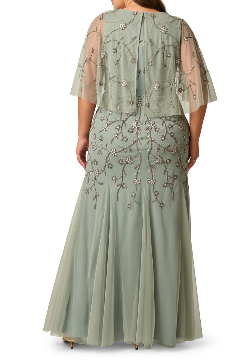 Beaded Mesh Cape Sleeve Gown, Alternate, color, SAGE
