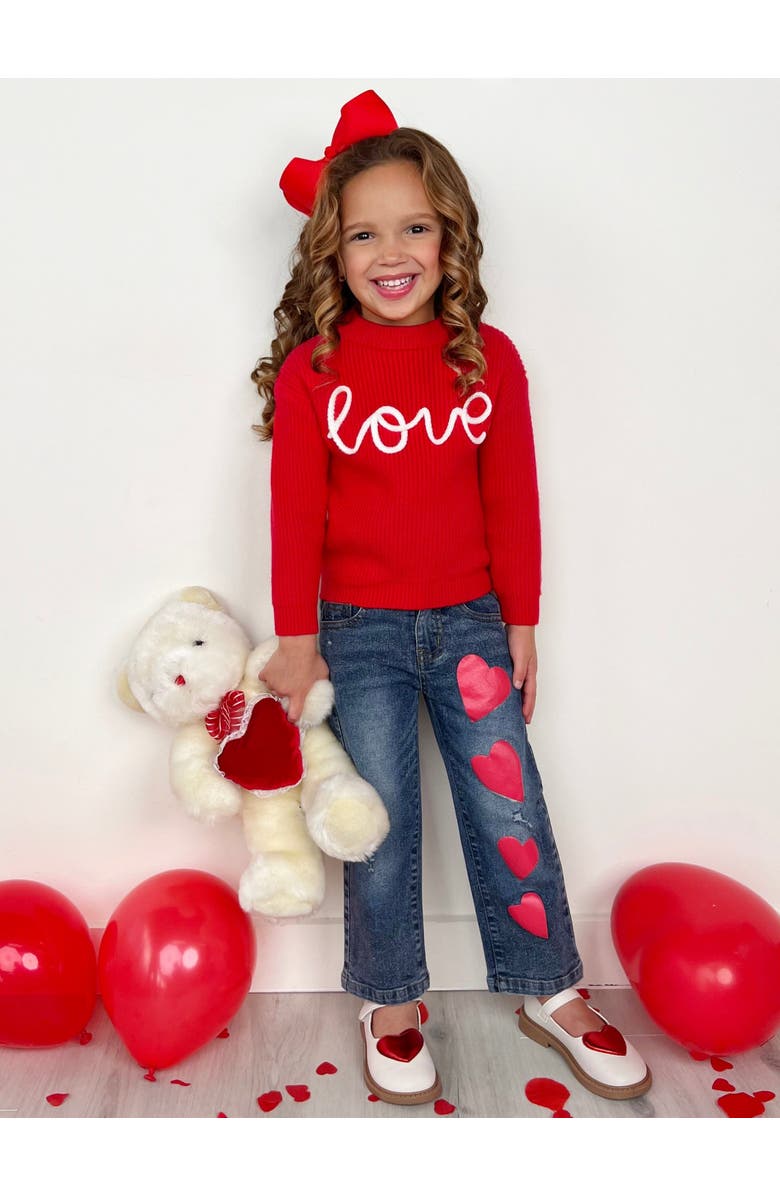 Mia Belle Girls Red Love Sweater and Heart Denim Pant Set, Alternate, color, Red