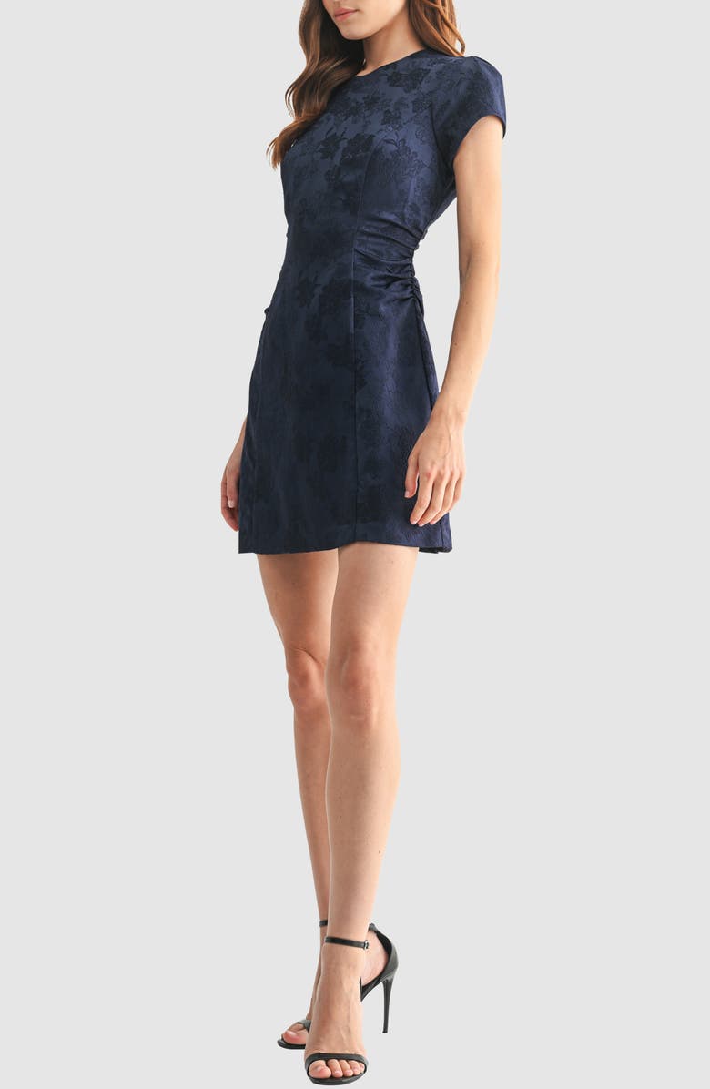 Mila Mae Cap Sleeve Ruched Jacquard Fit & Flare Dress, Alternate, color, Navy